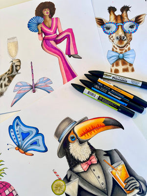 Paradise Party wallpaper by Brand McKenzie, the artist's artwork in progress showing a mirrored tropical party scene