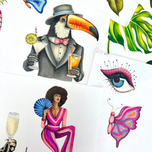 Paradise Party wallpaper by Brand McKenzie, the artist painting the original artwork showing a mirrored tropical party scene