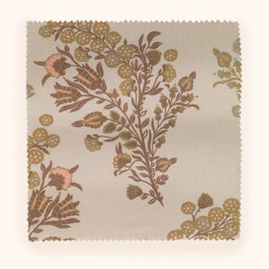 Coromandel Flower linen by Parker and Jules in beige and green, draped, showing paisley flower sprays