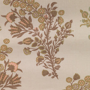 Coromandel Flower linen by Parker and Jules in beige and green, flat sample of paisley flower sprays