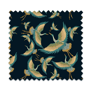 Pachamama velvet by Tatie Lou in navy, full repeat of flying cranes