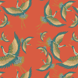 Pachamama velvet by Tatie Lou in coral, pattern sample of flying cranes