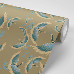 Pachamama wallpaper by Tatie Lou in beige, sample roll showing flying cranes