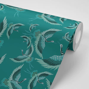 Pachamama wallpaper by Tatie Lou in teal, roll showing flying cranes