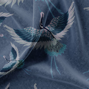Pachamama velvet by Tatie Lou in navy, in soft folds showing flying cranes