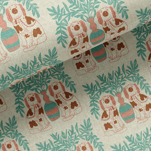 Pair of Dogs linen by Annika Reed in mint green and brown, in soft folds showing pairs of dogs and vases
