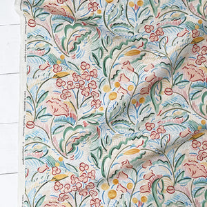 Paloma linen by Claire de Quénetain in pink, full repeat of a hand-painted floral design