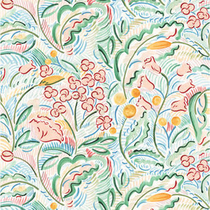 Paloma wallpaper by Claire de Quénetain in pink and green, full repeat of a hand-painted floral design