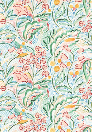 Paloma wallpaper by Claire de Quénetain in pink and green, full repeat of a hand-painted floral design
