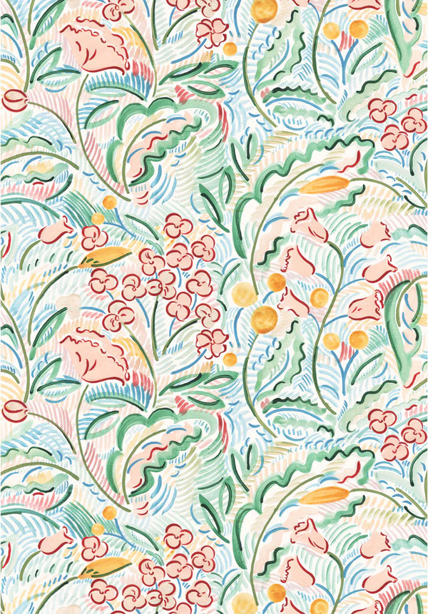 Paloma wallpaper by Claire de Quénetain in pink and green, full repeat of a hand-painted floral design