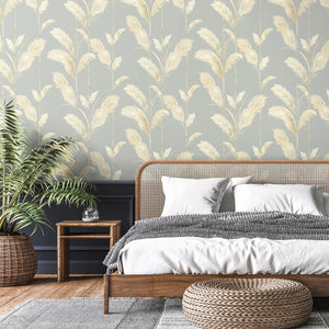 Pampas Grass wallpaper by Brand McKenzie in blue, pampas grass plumes in a bedroom