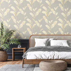 Pampas Grass wallpaper by Brand McKenzie in grey, pampas grass plumes behind a bed
