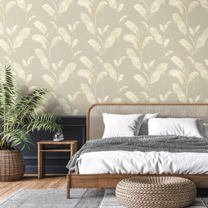 Pampas Grass wallpaper by Brand McKenzie in cream, pampas grass plumes on a bedroom wall
