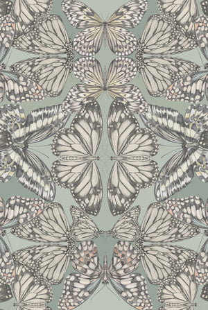 Papilio wallpaper by Victoria Sanders in green, full repeat of a mirrored butterfly design (second view)