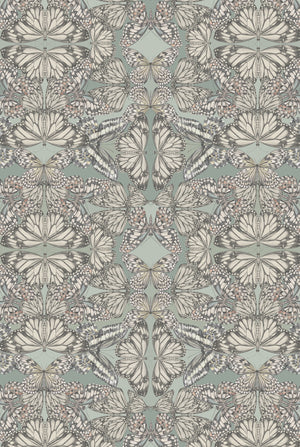 Papilio velvet by Victoria Sanders in pale green, full repeat of a mirrored butterfly design