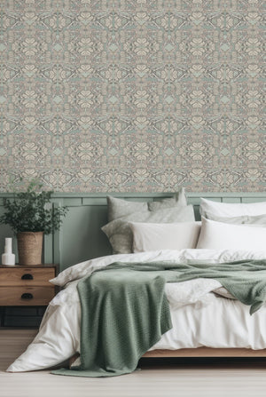 Papilio wallpaper by Victoria Sanders in green, a mirrored butterfly design in a bedroom