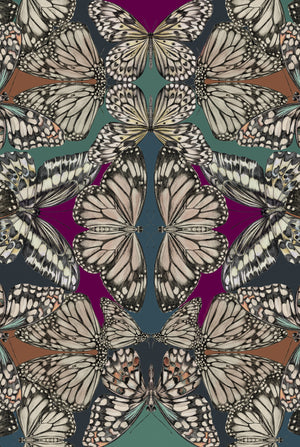 Papilio wallpaper by Victoria Sanders in green, pattern sample of a mirrored butterfly design