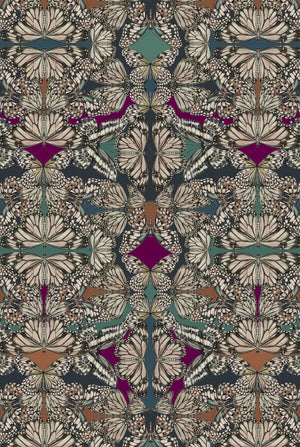Papilio superwide wallpaper by Victoria Sanders in multicolour, full repeat of a mirrored butterfly design