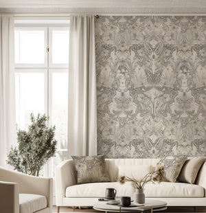 Exotica wallpaper by Victoria Sanders in cream, jungle animals and tropical flowers on a living room wall