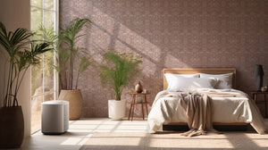 Papilio wallpaper by Victoria Sanders in pink, a mirrored butterfly design on a bedroom wall