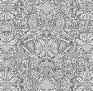Papilio wallpaper by Victoria Sanders in grey, full repeat of a mirrored butterfly design