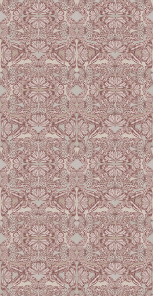 Papilio wallpaper by Victoria Sanders in pink, pattern sample of a mirrored butterfly design