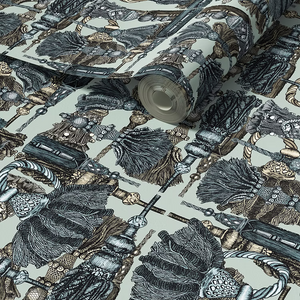 Passementerie wallpaper by Dami and Em Design in blue, roll showing tassels and trimmings