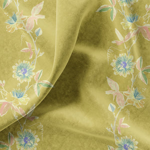 Passion Flower velvet by Tatie Lou in yellow, draped, showing trailing passion flowers