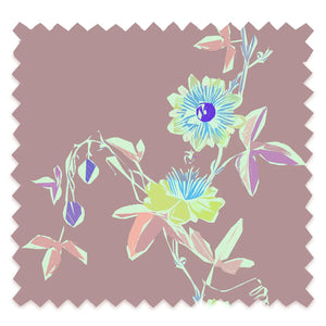 Passion Flower velvet by Tatie Lou in dusky pink, flat sample of trailing passion flowers