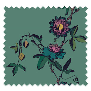 Passion Flower velvet by Tatie Lou in green, full repeat of trailing passion flowers