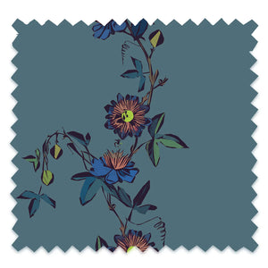 Passion Flower velvet by Tatie Lou in blue, pattern sample of trailing passion flowers
