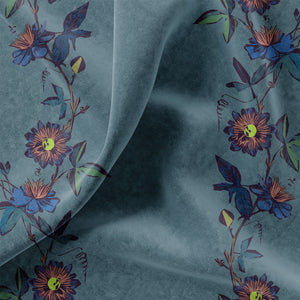 Passion Flower velvet by Tatie Lou in blue, draped close-up of trailing passion flowers