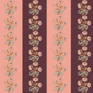 Chateau Stripe wallpaper by Tatie Lou in peach and burgundy, flat sample of floral stripes