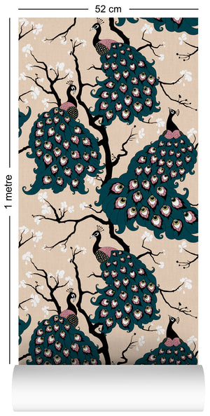 Peacock wallpaper by Dupenny in green, full repeat of peacocks in branches