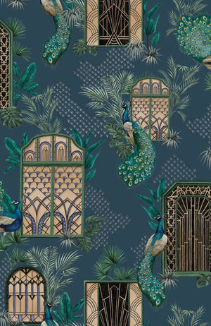 Peacock Manor wallpaper by Brand McKenzie in indigo blue, detail of peacocks and arched windows