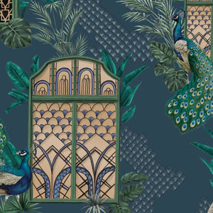 Peacock Manor wallpaper by Brand McKenzie in indigo blue, close-up of peacocks and arched windows