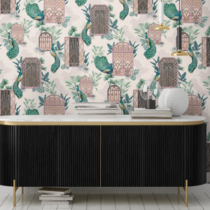 Peacock Manor wallpaper by Brand McKenzie in pink, peacocks and arched windows above a cabinet