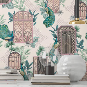 Peacock Manor wallpaper by Brand McKenzie in pink, peacocks and arched windows above a sideboard