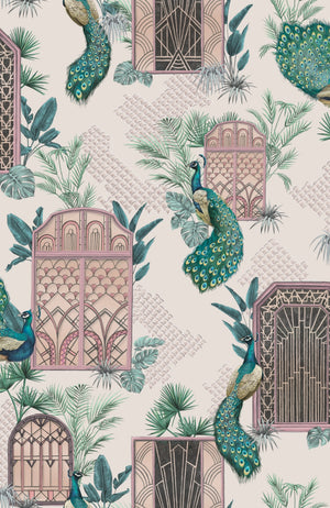 Peacock Manor wallpaper by Brand McKenzie in pink, pattern detail of peacocks and arched windows