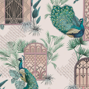 Peacock Manor wallpaper by Brand McKenzie in pink, close view of peacocks and arched windows