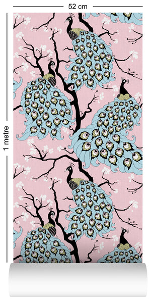 Peacock wallpaper by Dupenny in pink, flat sample of peacocks in branches