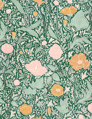 Philippa wallpaper by Claire de Quénetain in green and pink, full repeat of a hand-painted floral design