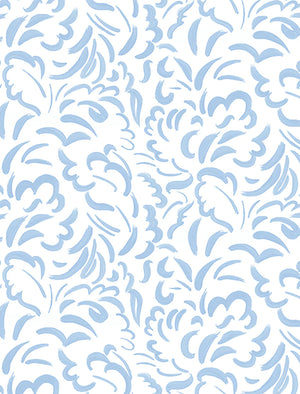 Pia wallpaper by Claire de Quénetain in blue, pattern sample of scattered leaves