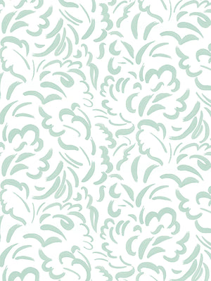 Pia wallpaper by Claire de Quénetain in light green, full repeat of scattered leaves