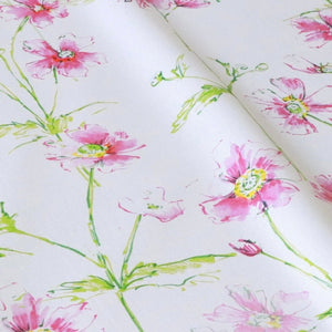 Anemone in Bloom linen by Seed Home Designs in pink and green, draped, showing watercolour anemone flowers