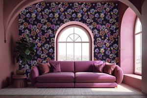 Plethora of Pansies wallpaper by Victoria Sanders in pink, painted pansies in a living room