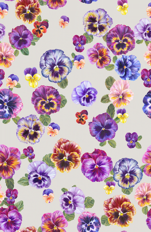 Plethora of Pansies linen by Victoria Sanders in cream, full repeat of painted pansies
