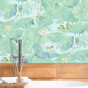 Pond Life wallpaper by Brand McKenzie in pale green, detail of lily pads and pond life