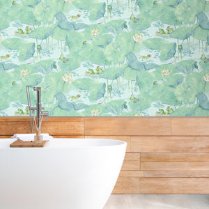 Pond Life wallpaper by Brand McKenzie in aqua, lily pads and pond life in a bathroom