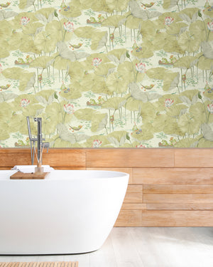 Pond Life wallpaper by Brand McKenzie in sage green, lily pads and pond life in a bathroom setting